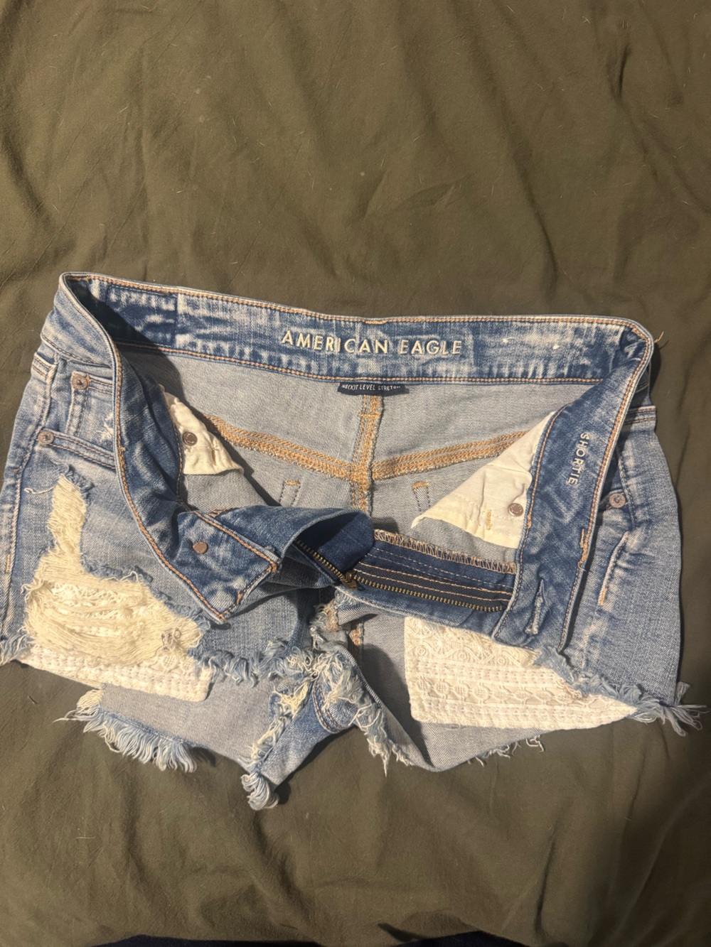 American Eagle Outfitters Light Blue Distressed Lace-Trim Denim Shorts